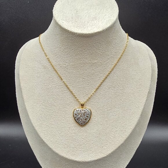 Vintage PAJ Gold & Silver Tone Filigree Heart Pendant Necklace 17" Long - Picture 1 of 6